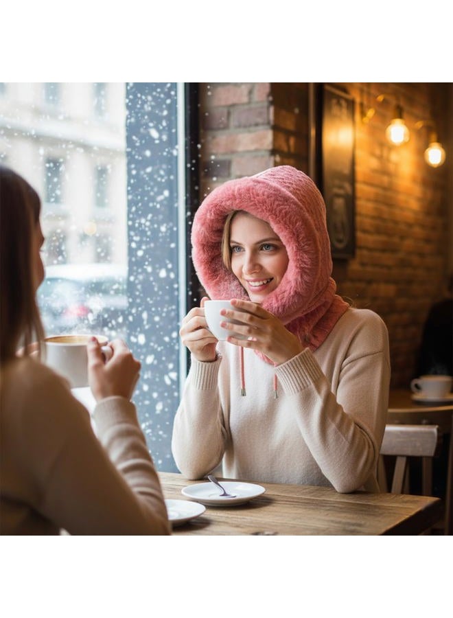 Huamulan Women Winter Beanie Hats One-Piece Fleece Lined Knit Balaclavas Mask Set Skull Neck Circle Scarf Ski Snow Hat Cap with Pompom, M9876-pihong, One size - Image 2