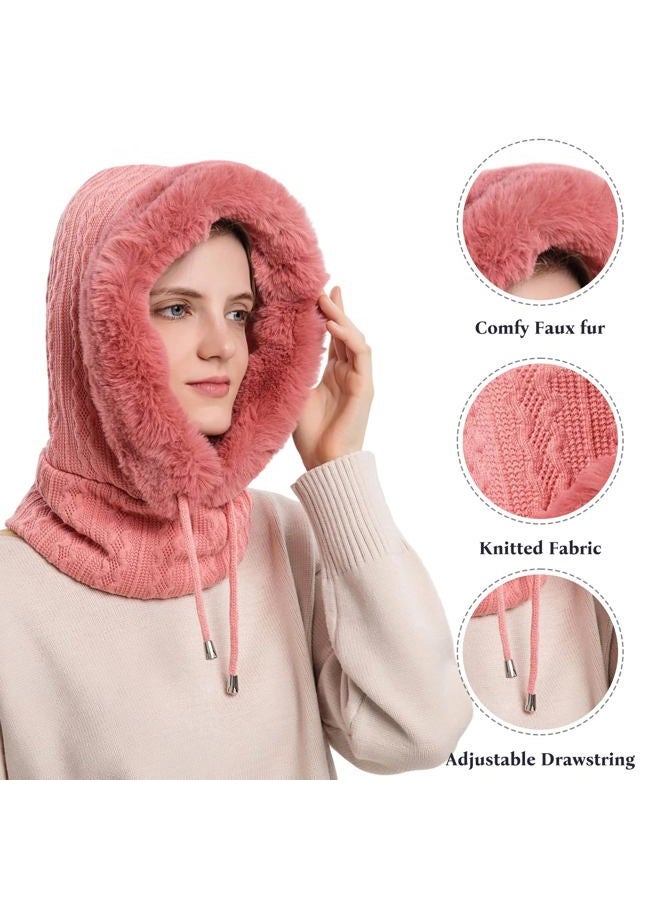 Huamulan Women Winter Beanie Hats One-Piece Fleece Lined Knit Balaclavas Mask Set Skull Neck Circle Scarf Ski Snow Hat Cap with Pompom, M9876-pihong, One size - Image 3