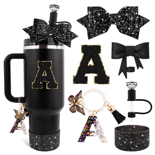 Lingdeer Black Cup Accessories Set for Stanley 30OZ & 40OZ Tumbler with Handle, Letter Charms, Bow & Diamond Straw Covers, Glitter Silicone Boot, Personalized Sticker for Stanley Cup Accessories (A) - Image 1