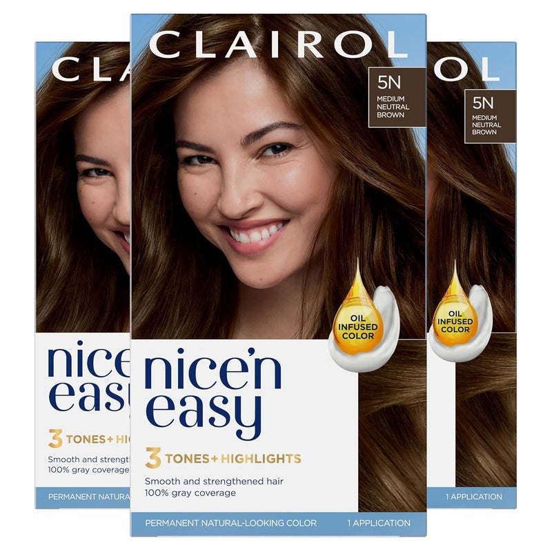 Clairol Nicen Easy Permanent Hair Dye 5N Medium Neutral Brown Hair Color Pack of 3