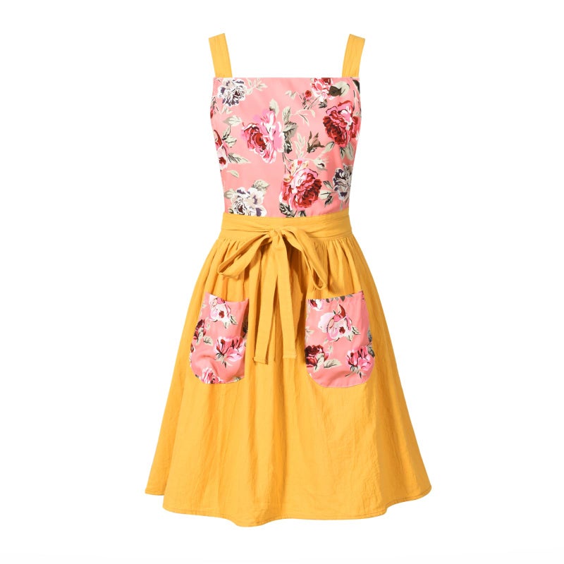 Pinknoke Vintage Pinafore Apron Dress for Women with Pockets Cute Floral Chef Aprons for Kitchen Cooking Baking Gardening Yellow