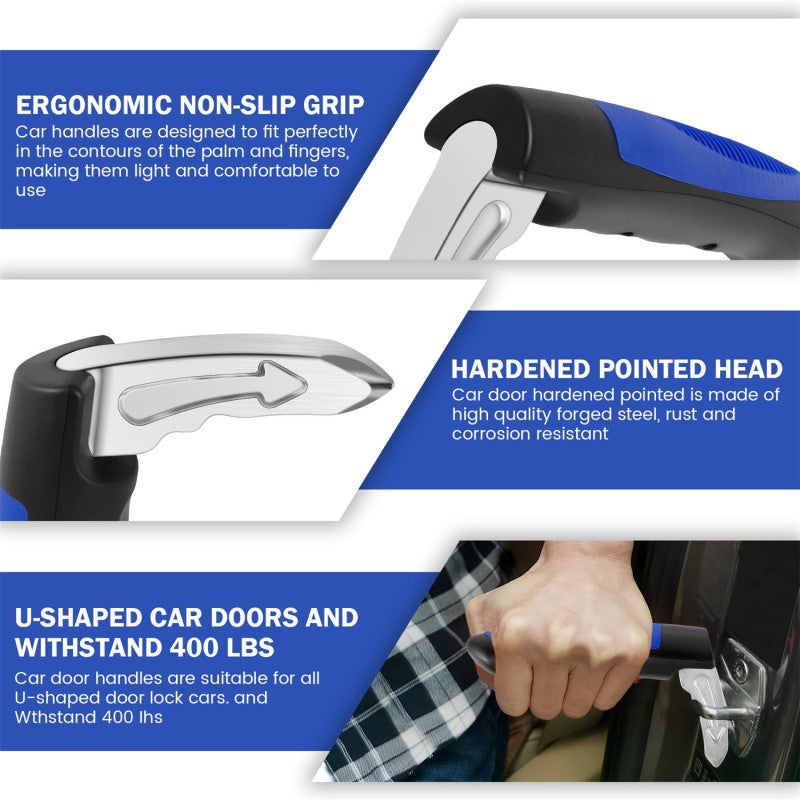 Car Door Assist Handle: 2pcs Blue 400 Lbs Load Capacity - 3-In-1 Design With Non Slip Grip Car Window Breaker Seat Belt Cutter for Elderly Emergency Car Use - Image 2