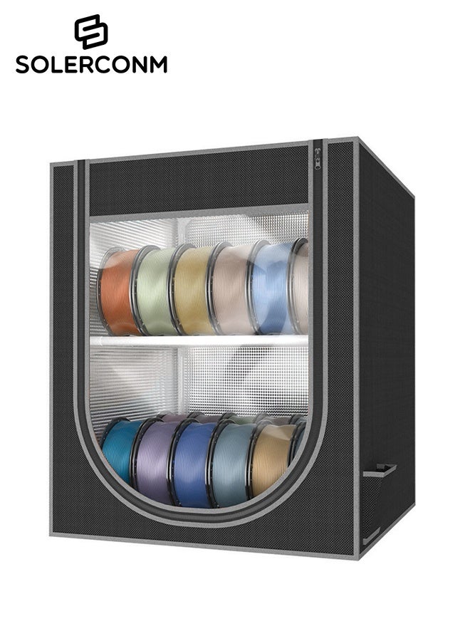 3D Printer Filament Storage Box With Desiccants 2 Tier Metal Filament Storage Rack With Black Non Woven Dust Cover Holds Up To 24 Rolls For Home Workshop