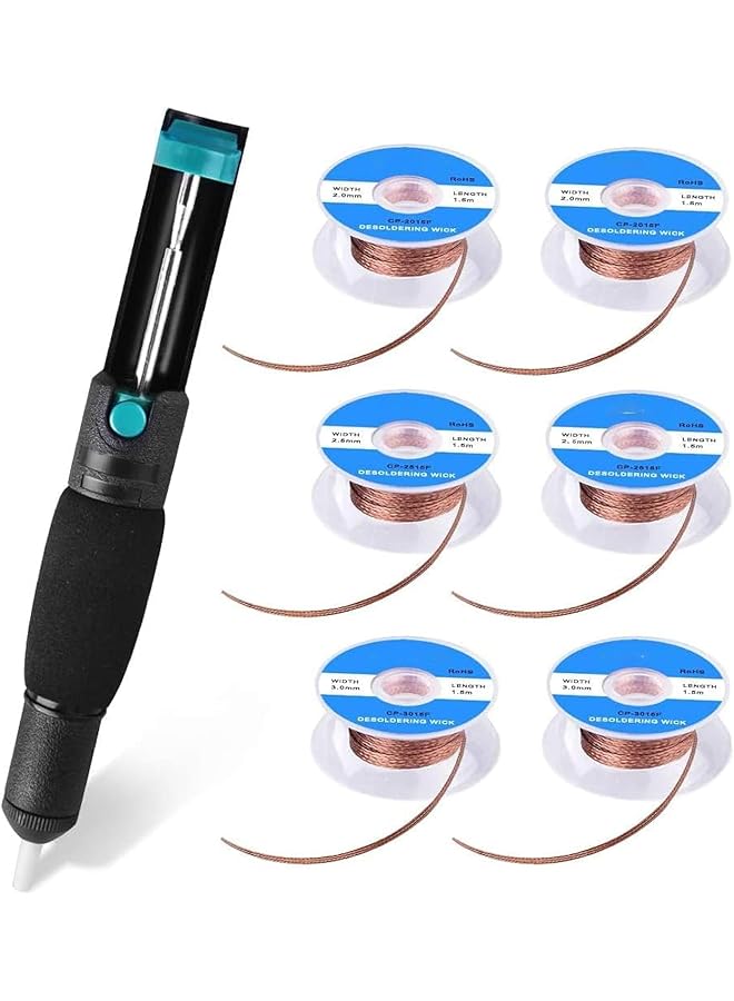 erorex 7 Pieces Solder Sucker Desoldering Wick Kit Including 1 Pcdesoldering Sucker And 6 Pcs Solder Braid Wick 2.0Mm 2.5Mm 3.0Mm Width 1.5M Length With Flux Desoldering Vacuum Pump Solder Removal Tool - Image 1