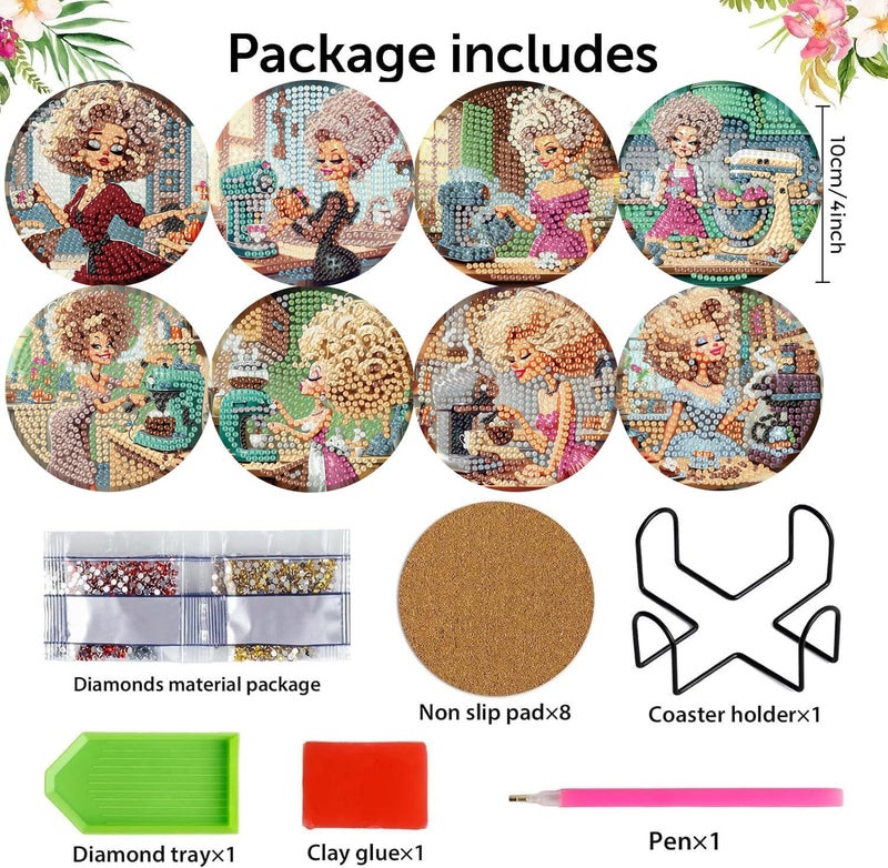 mrpwnle 8 Pack Diamond Art Coasters Kits, Coffee Diamond Painting Coasters Kit Set with Holder Cork Pads, DIY Coffee Diamonds Art Non Slip Coaster Crafts Kits for Adults Beginners Gifts - Image 2