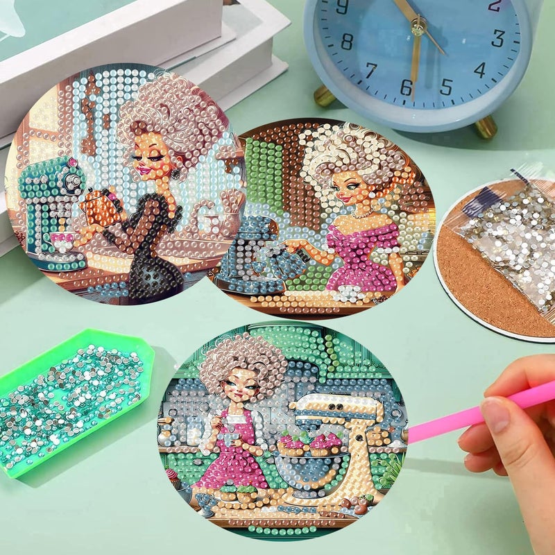 mrpwnle 8 Pack Diamond Art Coasters Kits, Coffee Diamond Painting Coasters Kit Set with Holder Cork Pads, DIY Coffee Diamonds Art Non Slip Coaster Crafts Kits for Adults Beginners Gifts - Image 5