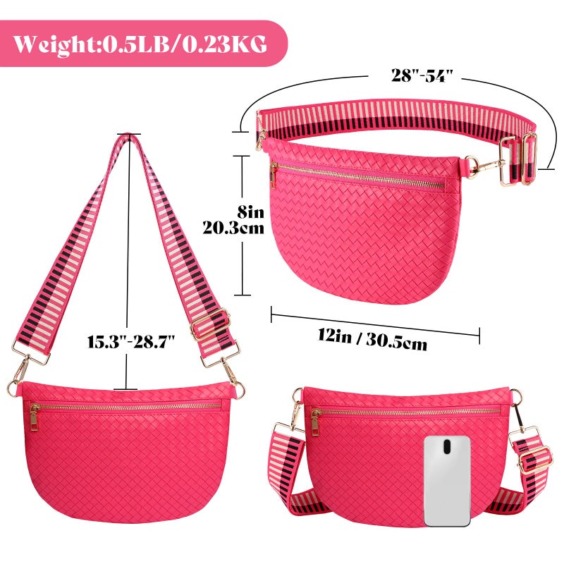 Dealkion Woven Crossbody Bags for Women Leather Belt Bum Sling Purse Fanny Waist Pack Chest Shoulder Bag for Women-Pink - Image 3