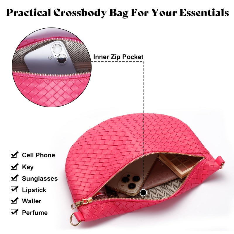 Dealkion Woven Crossbody Bags for Women Leather Belt Bum Sling Purse Fanny Waist Pack Chest Shoulder Bag for Women-Pink - Image 4