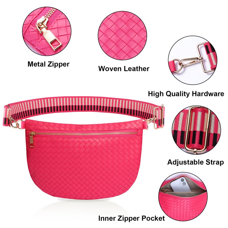 Dealkion Woven Crossbody Bags for Women Leather Belt Bum Sling Purse Fanny Waist Pack Chest Shoulder Bag for Women-Pink - Image 5