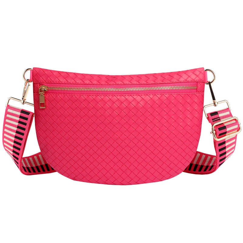 Dealkion Woven Crossbody Bags for Women Leather Belt Bum Sling Purse Fanny Waist Pack Chest Shoulder Bag for Women-Pink - Image 1