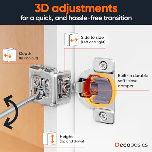 Decobasics 50 Pack Soft Close Cabinet Hinges – 1" Overlay for Kitchen Cabinet Doors, Face Frame Concealed Hidden Hinges – Stainless Steel, Self-Closing with 3-Way Adjustment & Slow Close Damper - Image 5