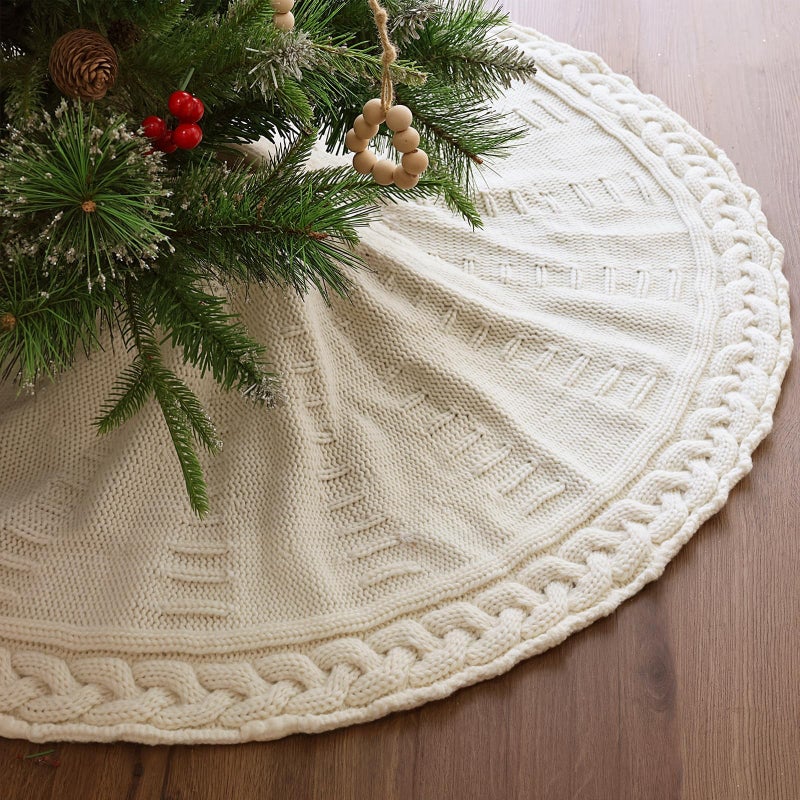 36 Inch Christmas Tree Skirt Pencil Tree Skirt for 6FT Tree Braided Cable Knit Cream White Small Tree Skirt Vintage Tree Skirts Rustic Farmhouse Christmas Decorations