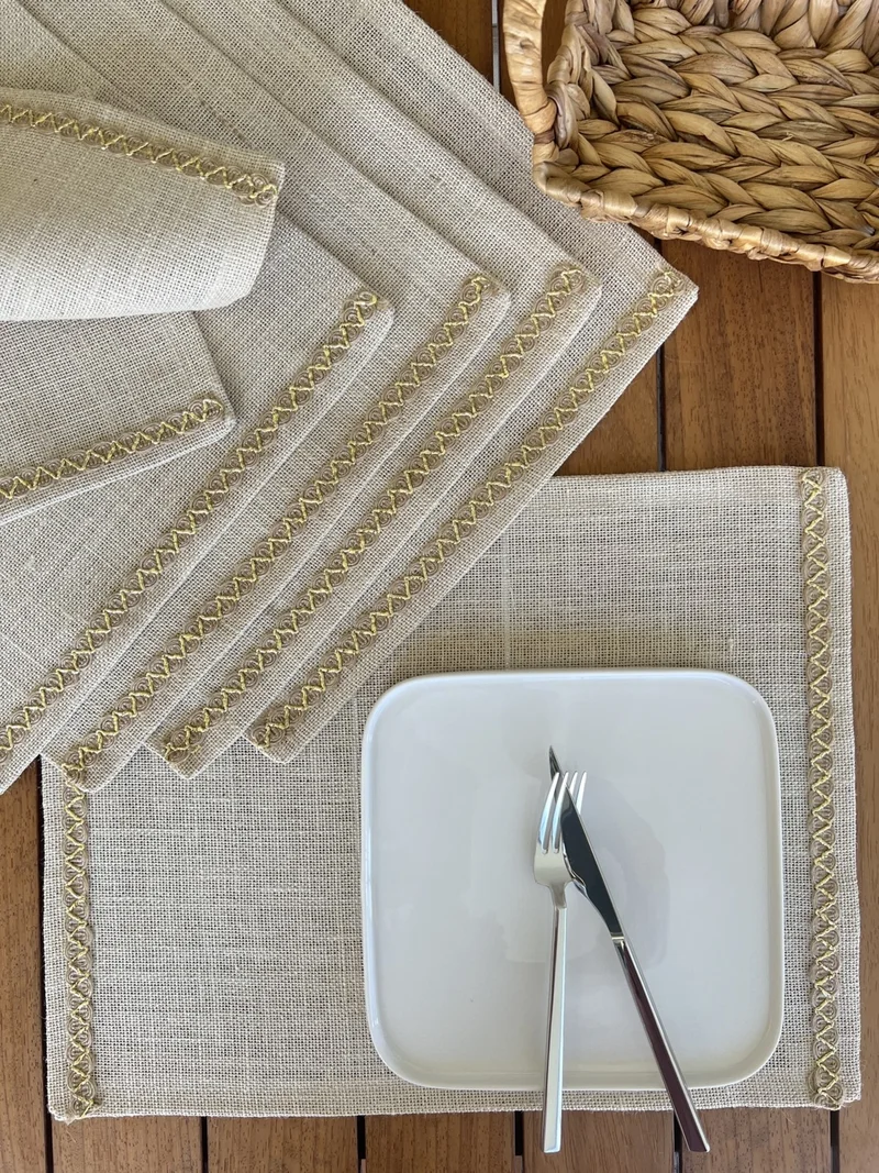 Desenİzmir PatternIzmir Placemat Jute Straw White Stripe 6 Pieces