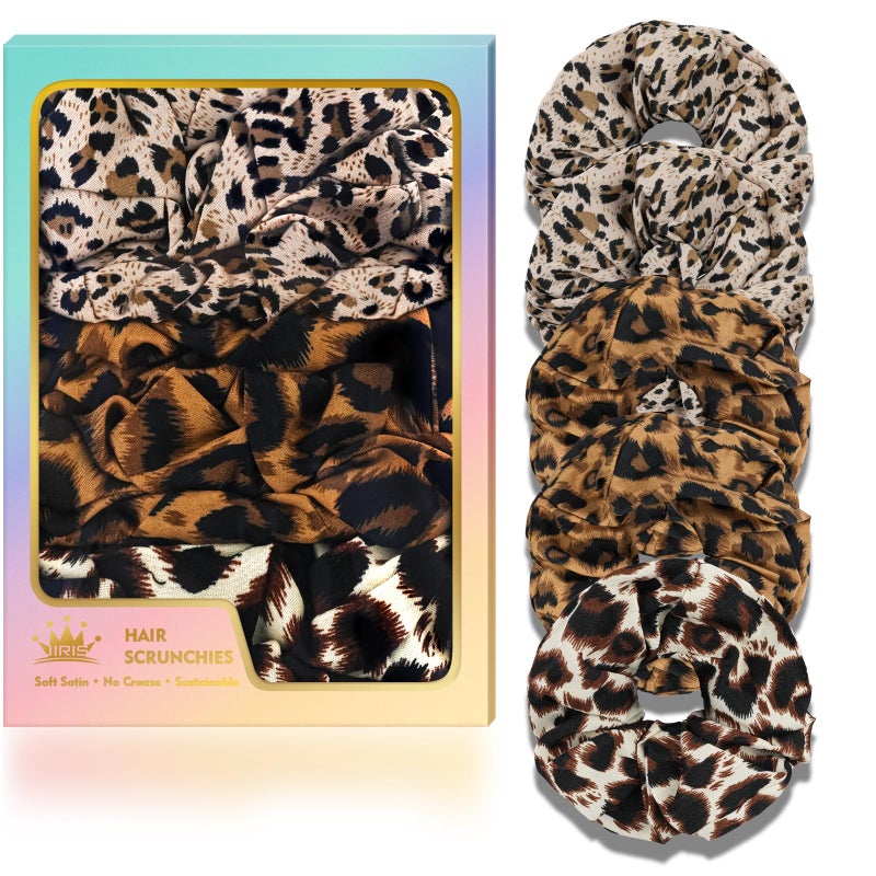 JIRIS 5Pcs Leopard Satin Scrunchies for Women, Softer Than Silk Scrunchies, Fashion No Crease Hair Ties for Thin Thick Hair,Soft Hair Bands No Damage for Girls, Ideal Gifts for Women (Set 4) - Image 1