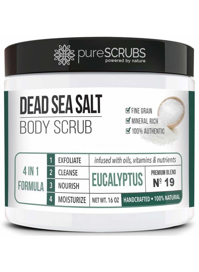 pureSCRUBS Premium Eucalyptus Body Scrub Set - Large 16oz Dead Sea Salt Body Scrub With Infused Essential Oils & Nutrients, Includes Wooden Spoon, Loofah & Oatmeal Exfoliating Bar Soap - Image 1