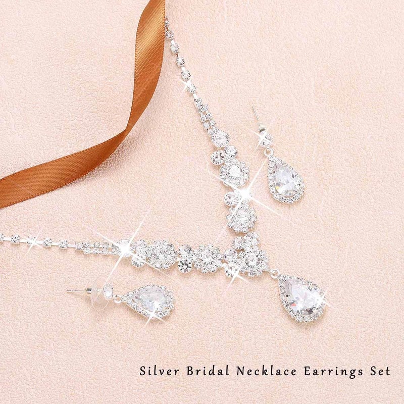 Unicra Silver Bridal Necklace Earrings Set Rhinestone Wedding Jewelry Sets Diamond Costume Jewelry for Women and Brides - Image 3