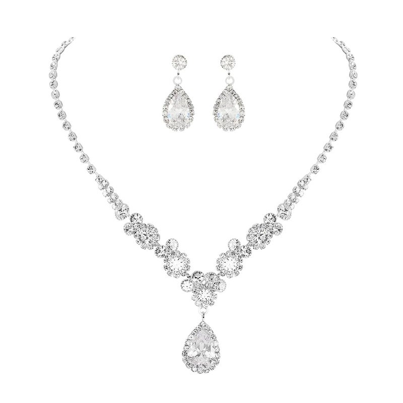 Unicra Silver Bridal Necklace Earrings Set Rhinestone Wedding Jewelry Sets Diamond Costume Jewelry for Women and Brides - Image 1