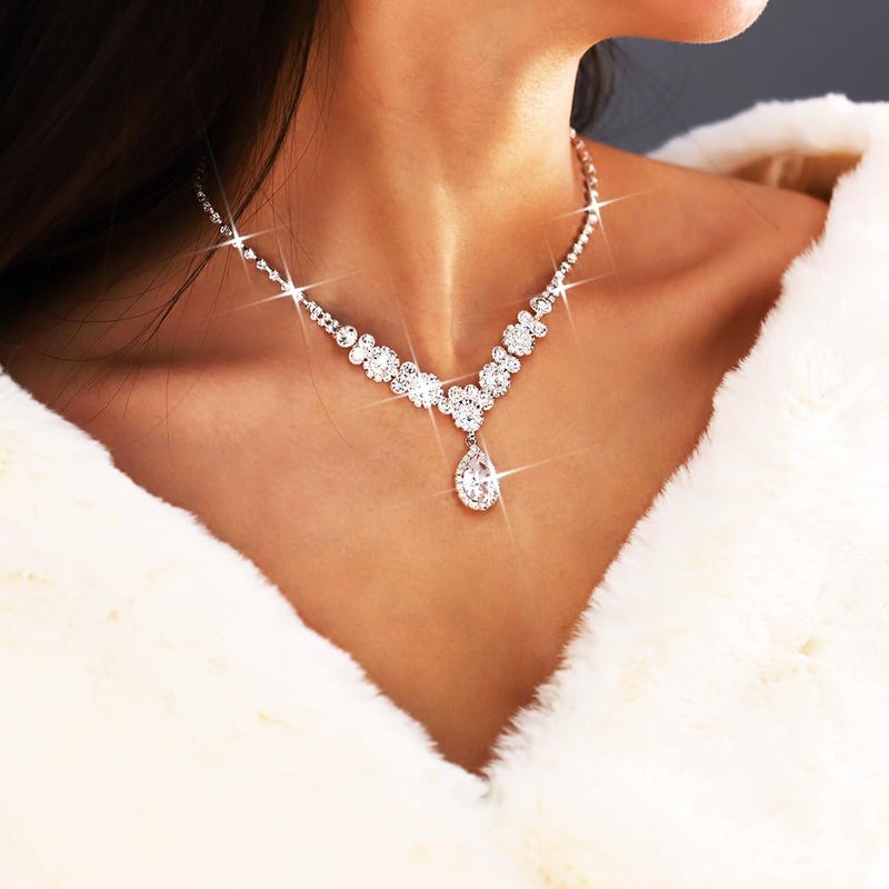 Unicra Silver Bridal Necklace Earrings Set Rhinestone Wedding Jewelry Sets Diamond Costume Jewelry for Women and Brides - Image 5