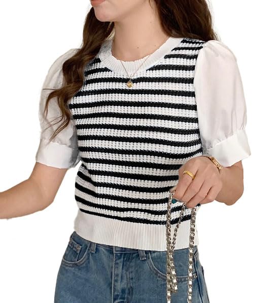 ICW Women's Stretchable Knitted Puff Sleeve Stripe Crop Top T-Shirt (One Size 28-34 Inch Bust) 698 (Small, Black) - Image 5