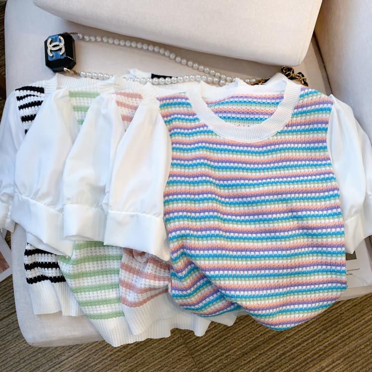 ICW Women's Stretchable Knitted Puff Sleeve Stripe Crop Top T-Shirt (One Size 28-34 Inch Bust) 698 (Small, Black) - Image 3