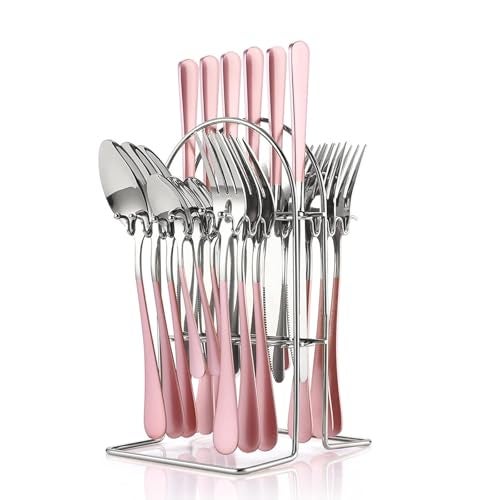 FTNESGYM 24 Pieces Silverware Set, Stainless Steel Cutlery Set with Holder, Flatware Set for 6 Person Tableware Set Includes Dinner Knives Forks Spoons Teaspoons, Mirror Polished (Pink) - Image 1