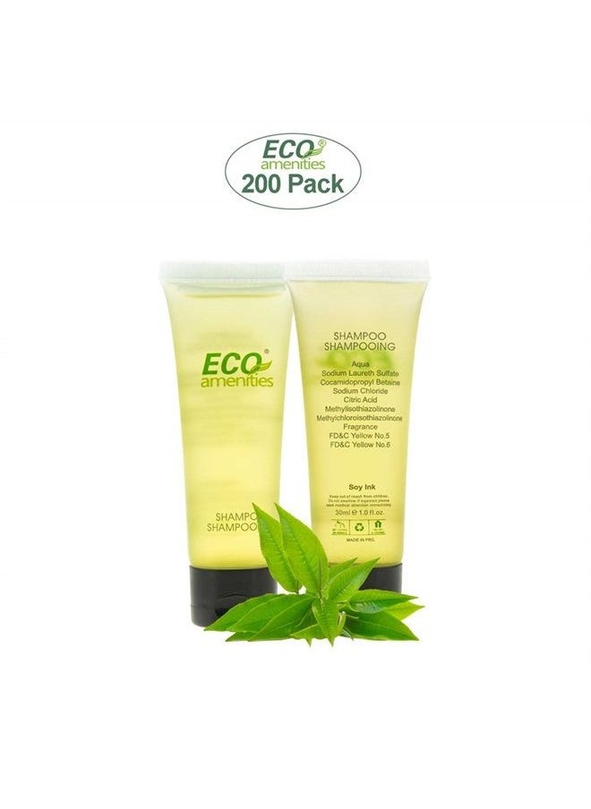 ECO Amenities - Travel Size Shampoo Bulk - 200 PACK, 30mL, 1 oz Hotel Shampoo Supplies for Guests - Green Tea Scent Eco Shampoo, Mini Shampoo with Flip Cap and Biodegradable Clear Container - Image 1