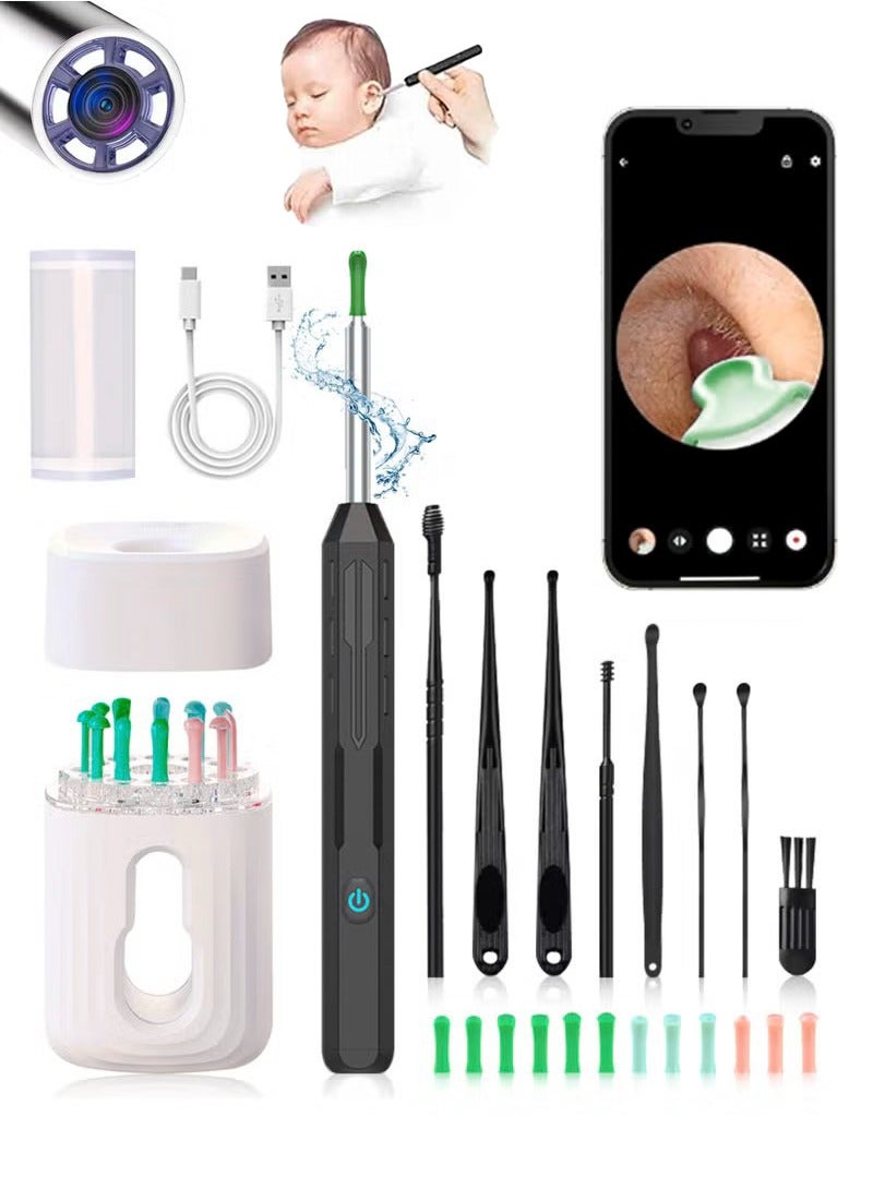 أداة إزالة شمع الأذن السوداء اللاسلكية مع كاميرا HD 1080P حاوية تخزين قابلة للشحن 9 رؤوس 12 ملعقة أذن بديلة مجموعة تنظيف الأذن - Image 1