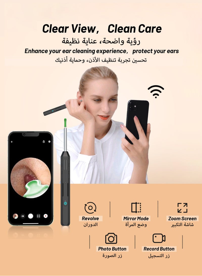 أداة إزالة شمع الأذن السوداء اللاسلكية مع كاميرا HD 1080P حاوية تخزين قابلة للشحن 9 رؤوس 12 ملعقة أذن بديلة مجموعة تنظيف الأذن - Image 2