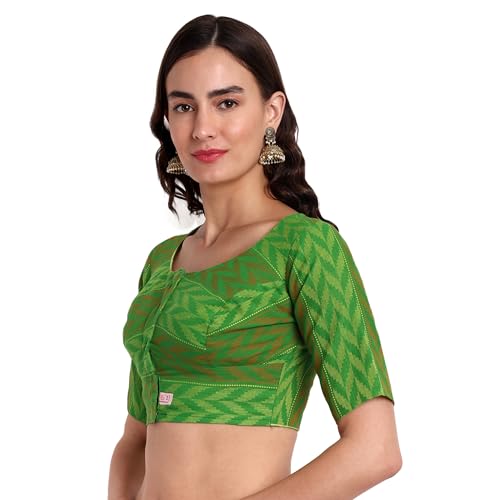 JISB Women's High Neck Cotton Self Design Saree Blouse (36, Green) - Image 3