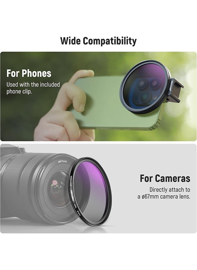 Neewer NEEWER 67mm CPL Filter for Phone, HD Polarizing Filter & Cold Shoe Phone Clip, with Carrying Pouch & Cleaning Cloth, Compatible with iPhone 16 15 Pro Max Plus 14 13 Samsung Galaxy S24 DSLR Cameras  - Image 2