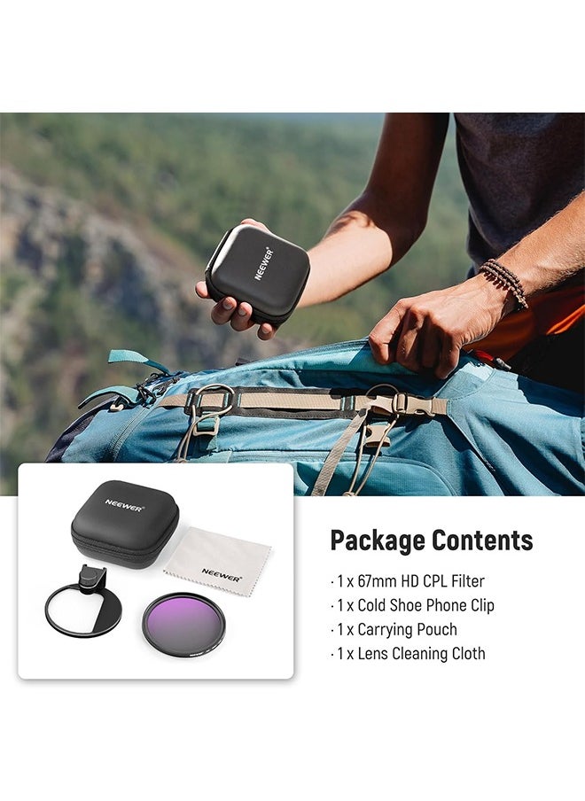 Neewer - NEEWER 67mm CPL Filter for Phone, HD Polarizing Filter & Cold Shoe Phone Clip, with Carrying Pouch & Cleaning Cloth, Compatible with iPhone 16 15 Pro Max Plus 14 13 Samsung Galaxy S24 DSLR Cameras - Image 1