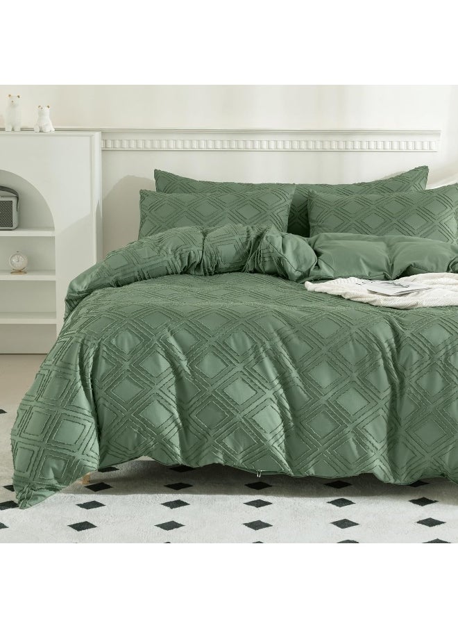 JELLYMONI JELLYMONI Green Duvet Cover Set Queen Size - Microfiber Tufted, Boho Textured, Jacquard Rhombus Geometric Pattern Duvet Cover with Corner Ties & Zipper Closure  - Image 1