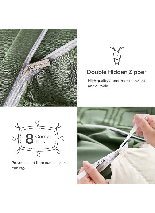 JELLYMONI JELLYMONI Green Duvet Cover Set Queen Size - Microfiber Tufted, Boho Textured, Jacquard Rhombus Geometric Pattern Duvet Cover with Corner Ties & Zipper Closure  - Image 5