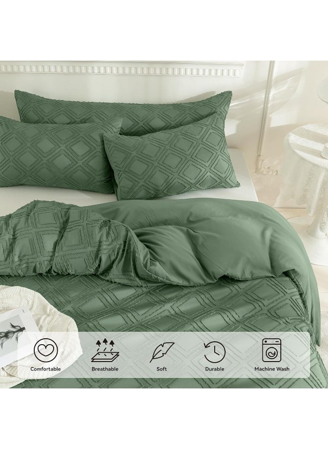 JELLYMONI JELLYMONI Green Duvet Cover Set Queen Size - Microfiber Tufted, Boho Textured, Jacquard Rhombus Geometric Pattern Duvet Cover with Corner Ties & Zipper Closure  - Image 4