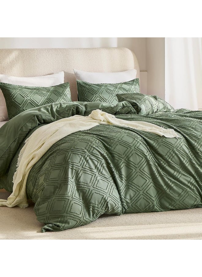 JELLYMONI JELLYMONI Green Duvet Cover Set Queen Size - Microfiber Tufted, Boho Textured, Jacquard Rhombus Geometric Pattern Duvet Cover with Corner Ties & Zipper Closure  - Image 3