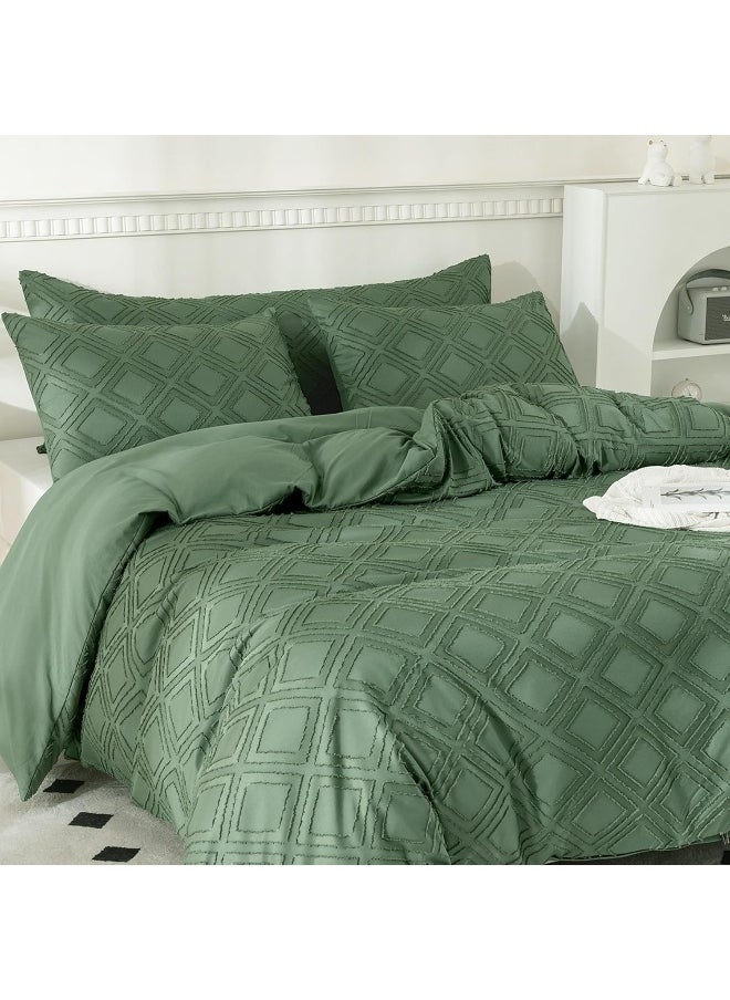 JELLYMONI JELLYMONI Green Duvet Cover Set Queen Size - Microfiber Tufted, Boho Textured, Jacquard Rhombus Geometric Pattern Duvet Cover with Corner Ties & Zipper Closure  - Image 2