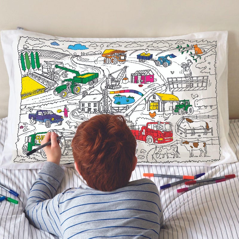 eatsleepdoodle 30x20in White Cotton Pillowcase with 10 Pack Washable Markers for Kids  Cars  Trucks Coloring Activity