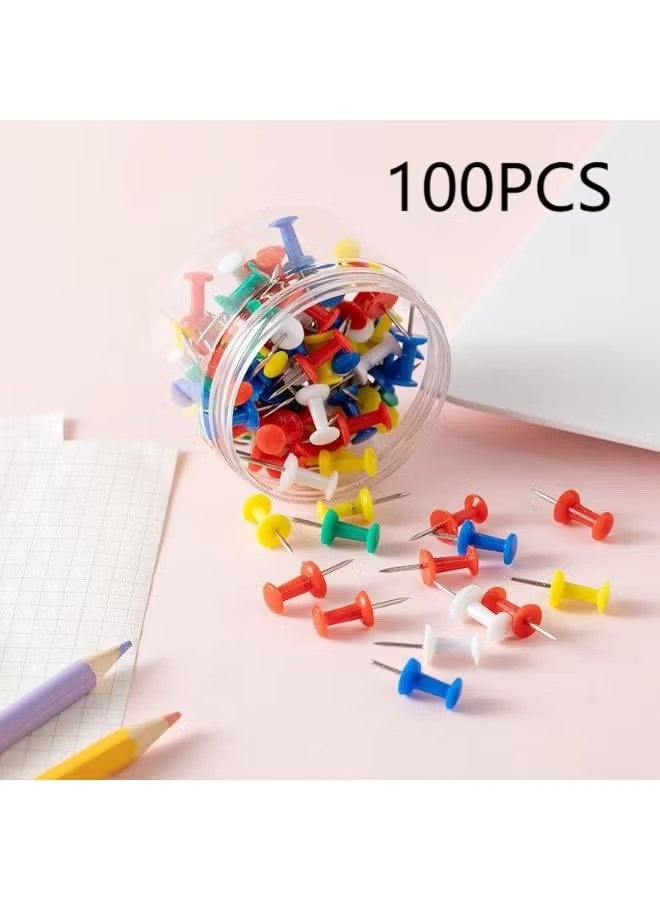 100 قطعة من دبابيس الضغط الملونة للوحة الإعلانات - دبابيس تثبيت برؤوس بلاستيكية وأطراف فولاذية - للوحة الفلين، وملصقات الحائط، والخرائط، والصور، والاستخدام المكتبي والمنزلي - مع صندوق تخزين - Image 1