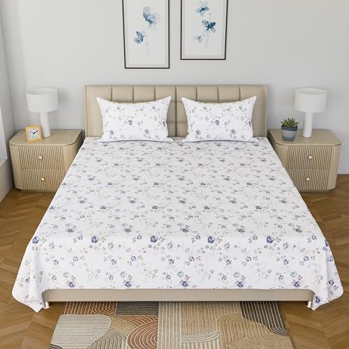 LINENWALAS 100% Cotton Bed Sheet for Super King Size Bed, Floral Printed Bedsheet with 2 Pillow Covers | 210 TC Soft, Breathable, Luxury Bedsheet (Blue Sapphire, 108 x 120 Inches) - Image 3