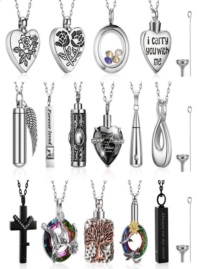 Ecation 15 Pcs Urn Necklace for Ashes Women Keepsake Cremation Jewelry Stainless Steel Cross Heart Cubic Locket Ashes Necklace for Human Loved One, No Gemstone - Image 1