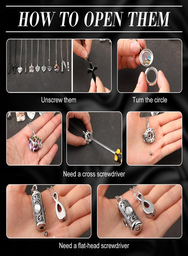 Ecation 15 Pcs Urn Necklace for Ashes Women Keepsake Cremation Jewelry Stainless Steel Cross Heart Cubic Locket Ashes Necklace for Human Loved One, No Gemstone - Image 5
