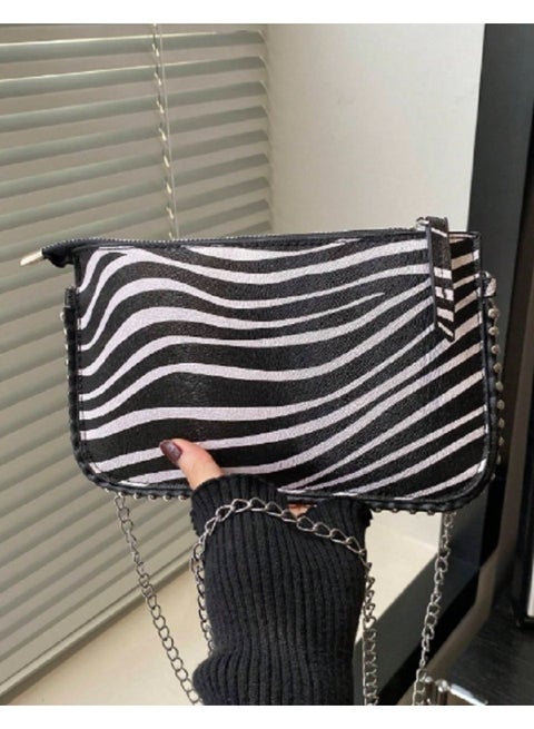 Zebra Print Shoulder Bag, Fashionable Ladies Charm Chic Beaded Crossbody Handbag