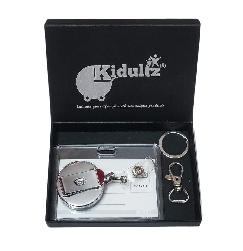 Kidultz Metal I'd Card Retractable Silver & Black Yoyo with Premium Transparent Acrylic I'd Card Holder - (1 Set - 1 Acrylic I'd Holder, 1 Metal Yoyo, 1 Key Hook & 1 Key Ring) (Horizontal Holder) - Image 1