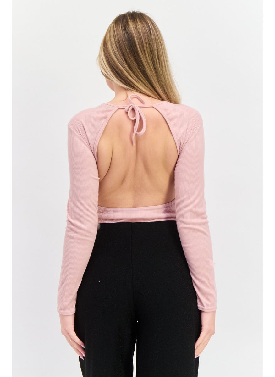 Missguided Women Petite Size Ribbed Long Sleeve  Bodysuit, Pink  - Image 3