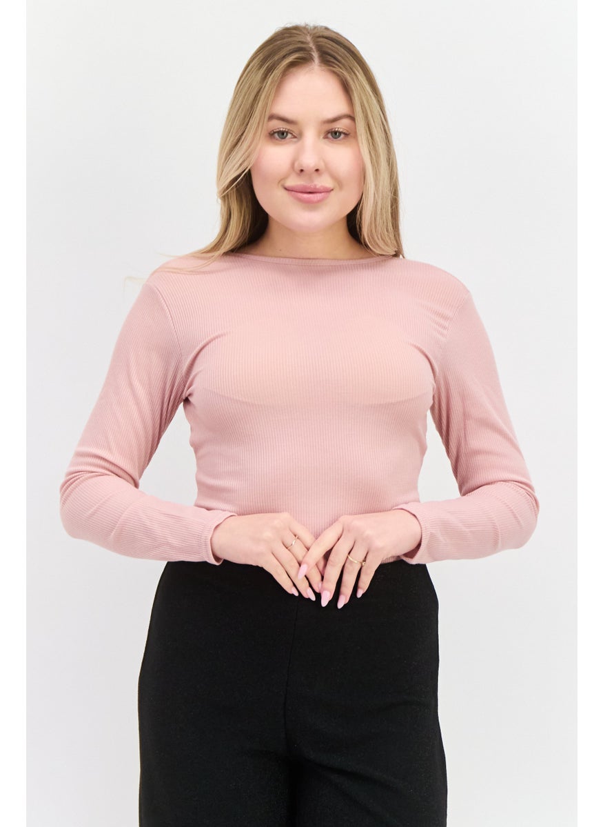 Missguided Women Petite Size Ribbed Long Sleeve  Bodysuit, Pink  - Image 1