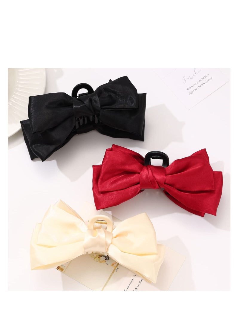Excefore 3 Pack Big Bow Hair Claw Clips, Nonslip Barrettes Hair Accessories, Bow Knot Strong Hold Hair Jaw Clips for Thin Thick Curly Hair, Suitable for Birthday Party Show (Black White Red) - Image 2