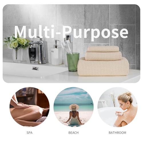 MICROFI New Microfiber Waffle Bath Towels, 3 Pieces, Oversized, Soft, Absorbent, Fast Drying, Lint Free, Includes Bath, Face and Hand Towels 430 GSM (Champagne) - Image 5