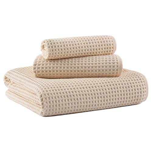 MICROFI New Microfiber Waffle Bath Towels, 3 Pieces, Oversized, Soft, Absorbent, Fast Drying, Lint Free, Includes Bath, Face and Hand Towels 430 GSM (Champagne) - Image 1