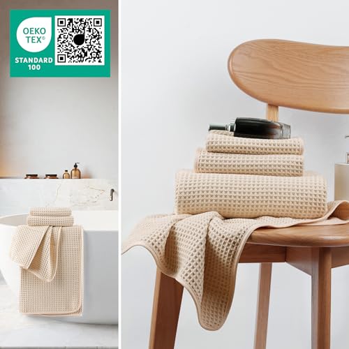 MICROFI New Microfiber Waffle Bath Towels, 3 Pieces, Oversized, Soft, Absorbent, Fast Drying, Lint Free, Includes Bath, Face and Hand Towels 430 GSM (Champagne) - Image 4