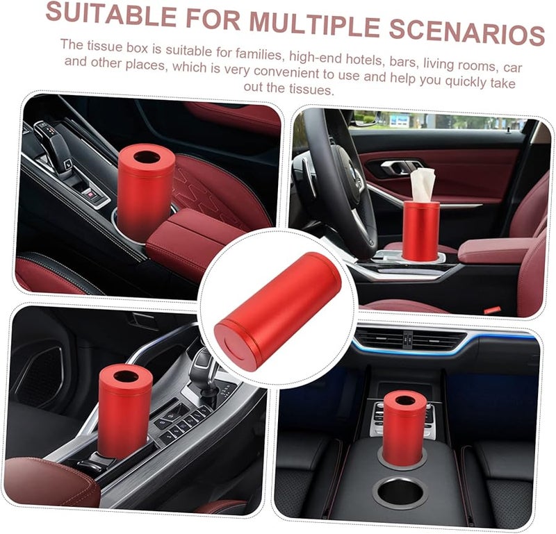 حامل علبة المناديل للسيارة باللون الأحمر المعدني موزع أسطواني إبداعي للسفر والمكتب والمنزل - Image 3